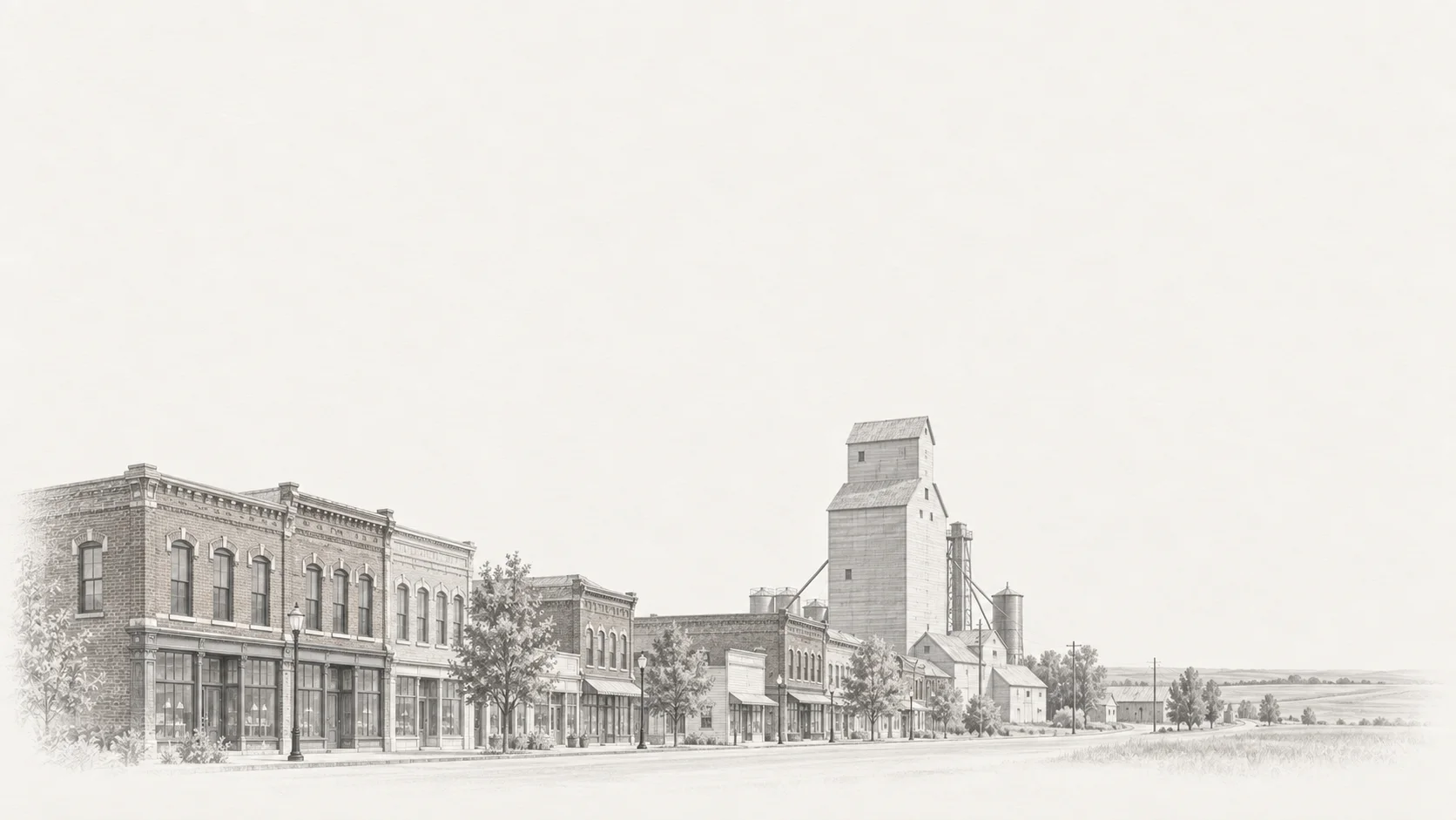 A pencil drawing of a prairie main street with a grain elevator