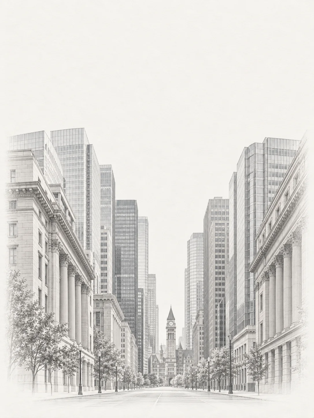A pencil drawing of Bay Street’s bank towers leading to Old City Hall