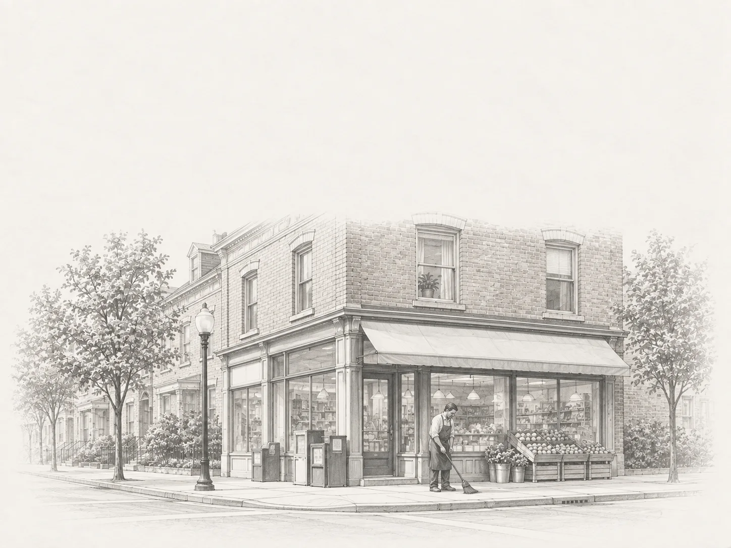 A pencil drawing of a corner store owner sweeping the sidewalk