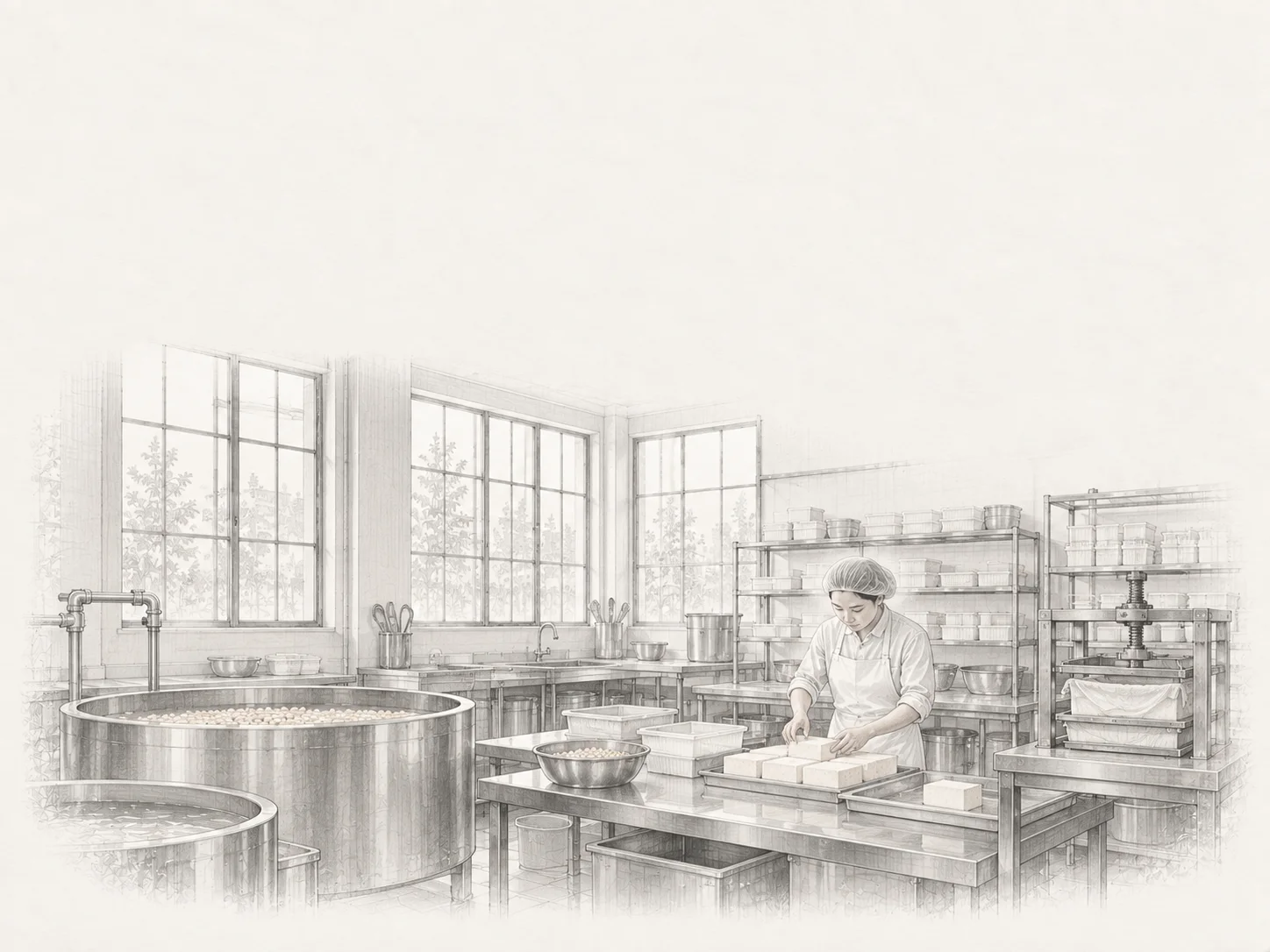 A pencil drawing of a small tofu workshop, with a worker cutting fresh blocks.