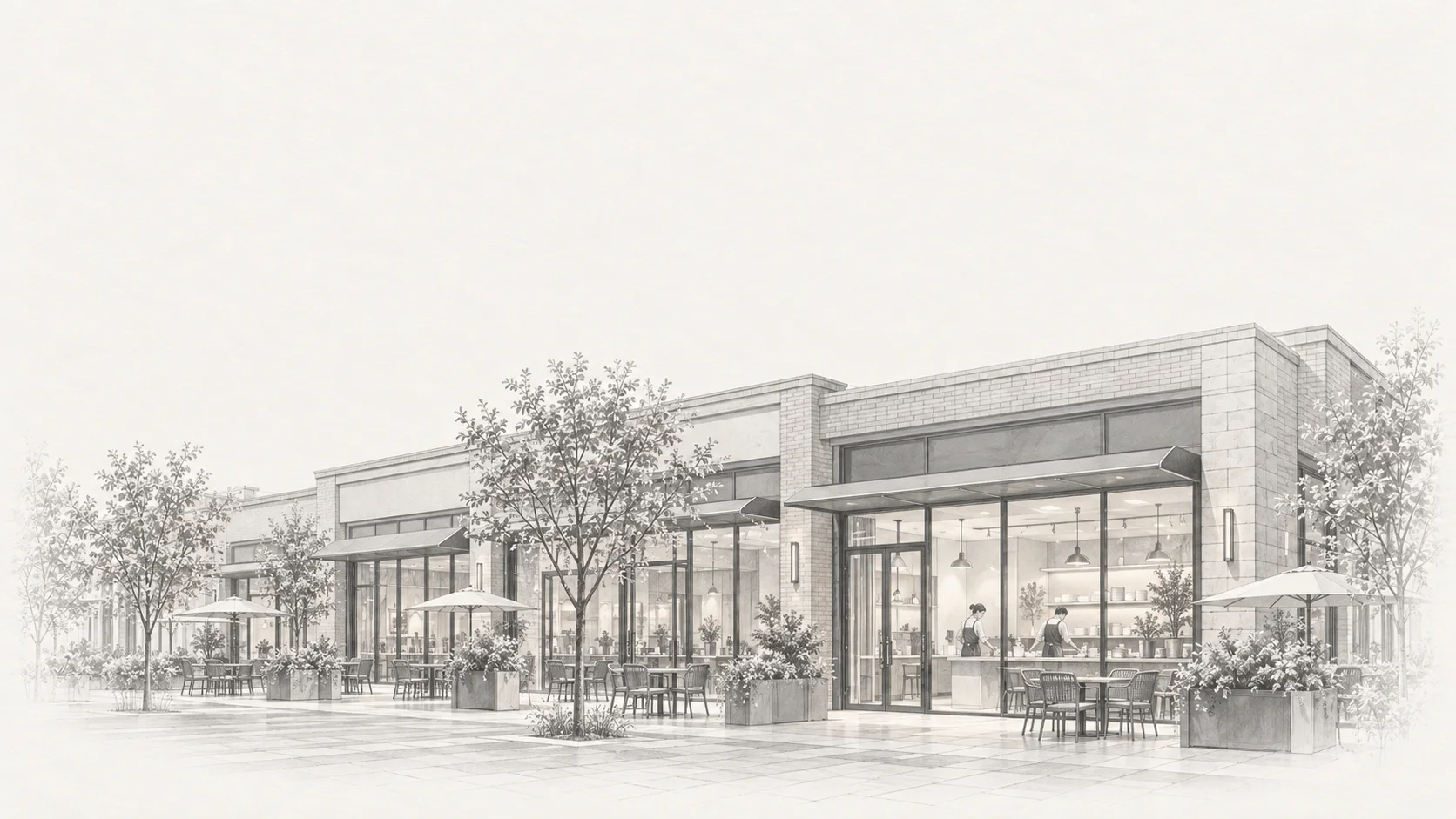 A pencil drawing of a row of new restaurant units in a plaza