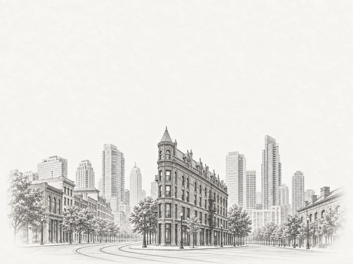 A pencil drawing of the Gooderham Building on a Toronto street corner