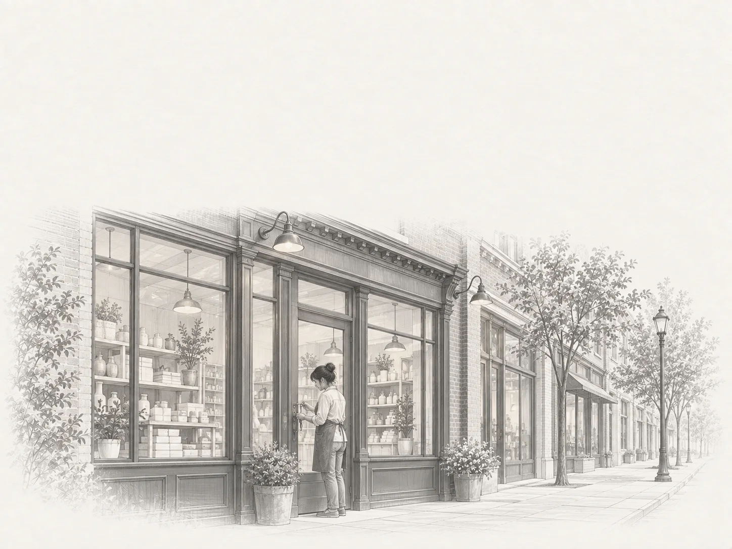 A pencil drawing of a new owner unlocking the door of a small shop
