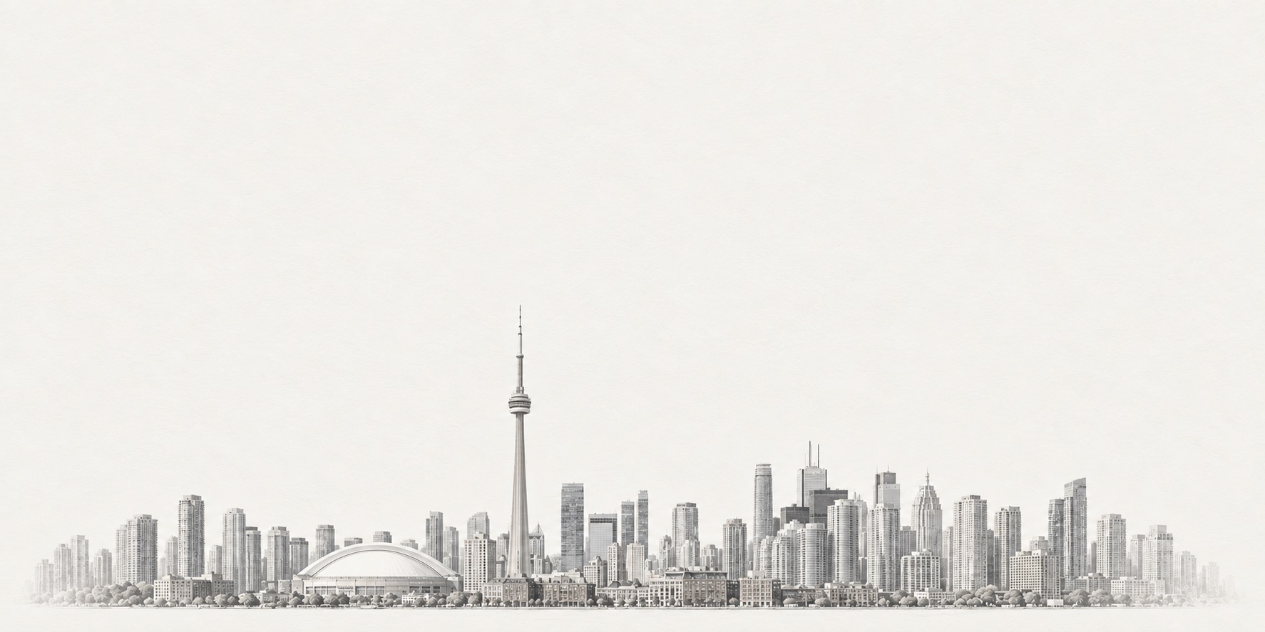 An artistic portrait of Toronto’s skyline, layered above historic commercial rooftops.
