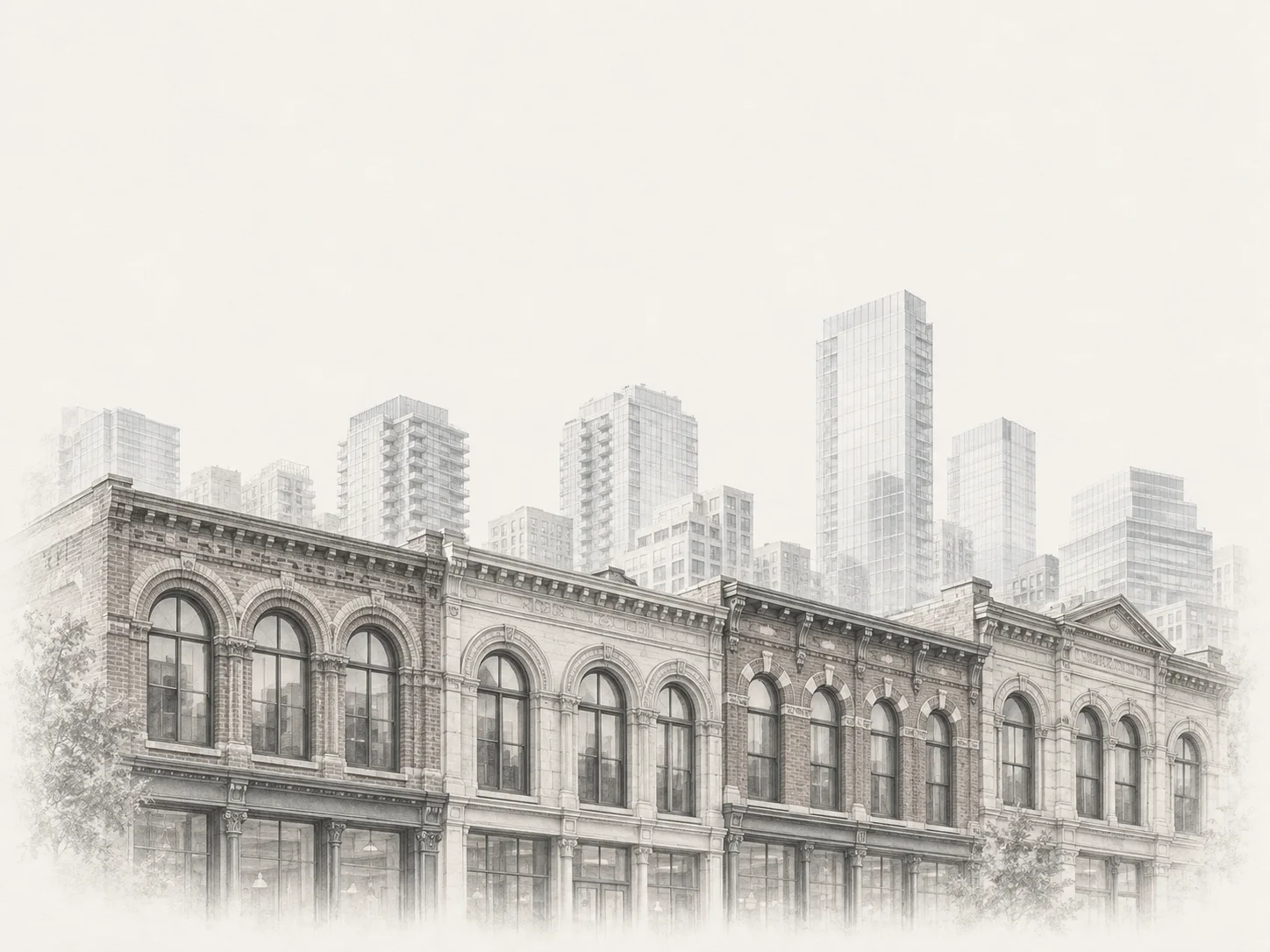 An artistic portrait of Toronto’s older commercial buildings and contemporary towers