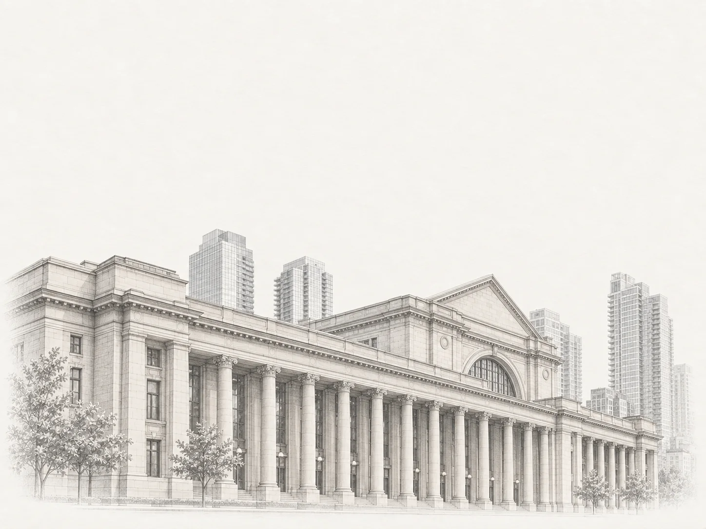 A pencil drawing of Union Station’s colonnade in Toronto