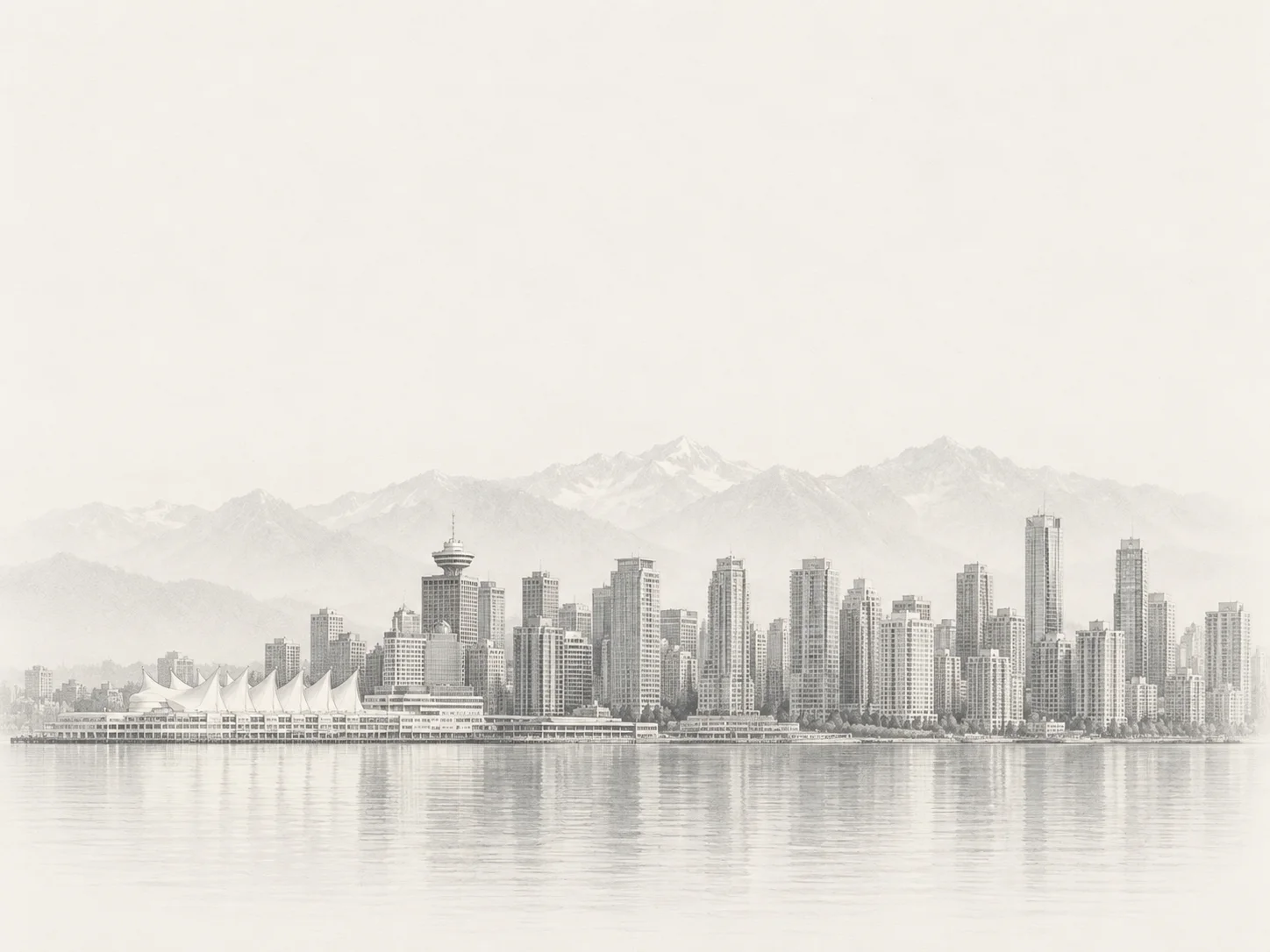 An artistic portrait of Vancouver’s waterfront, Canada Place, and distant mountains